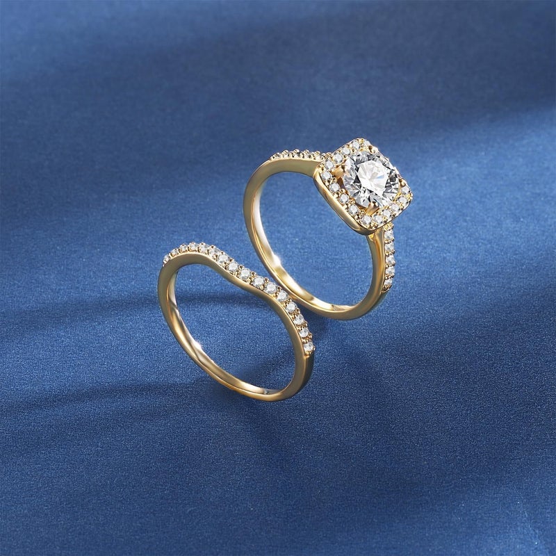 MDFUN 18K Yellow Gold Plated Cubic Zirconia Three-in-One Halo Wedding Engagement Promise Eternity Ring for Women - Image 4